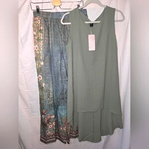 Emery Rose Sage Green Layered Top Floral Print Wide Leg Pants Set L XL